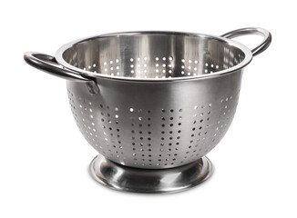 One metal colander with handles on white background