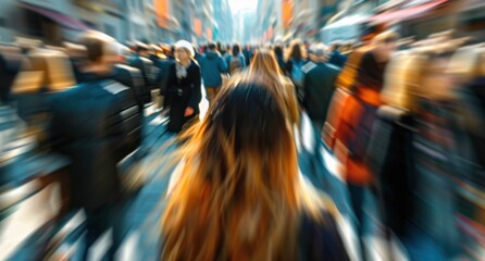 A crowd of people walking down the street, all blurred together The focus is on one person in front who appears to be listening intently or interacting with another individual Generative AI