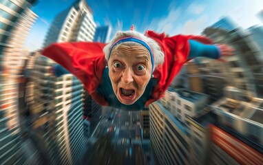 Funny elderly superhero grandma flying over the city with scared expression
