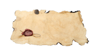 Sheet of old parchment paper with wax stamp isolated on white