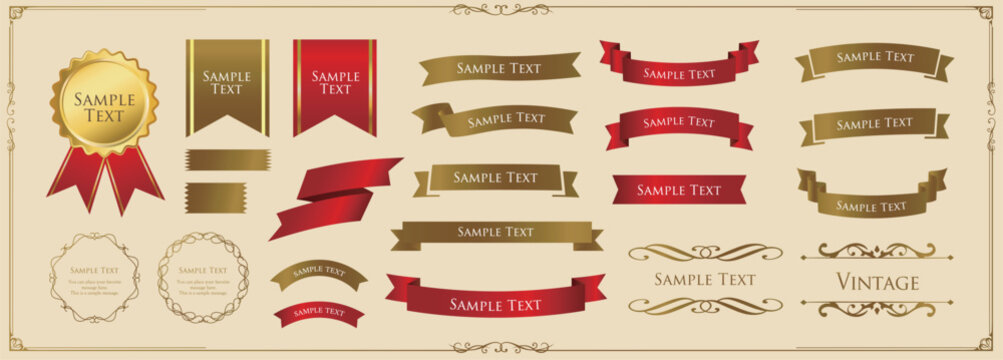 リボンの装飾デザインセットとアンティークな罫線やフレームデザイン