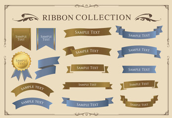 リボンの装飾デザインセットとアンティークな罫線やフレームデザイン