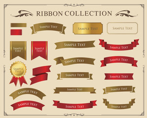 リボンの装飾デザインセットとアンティークな罫線やフレームデザイン