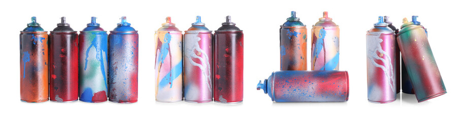 Different used spray paint cans isolated on white, set