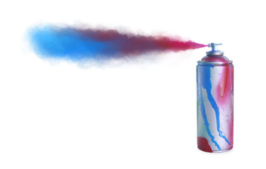 Aerosol can spraying colorful paint isolated on white