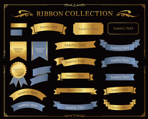 リボンの装飾デザインセットとアンティークな罫線やフレームデザイン