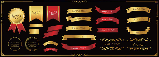 リボンの装飾デザインセットとアンティークな罫線やフレームデザイン