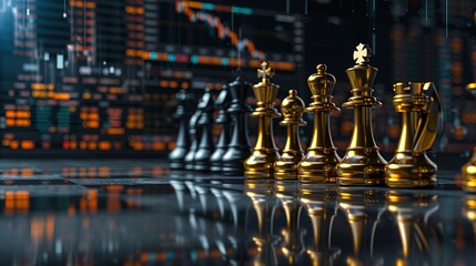Chessboard with gold and black pieces, set against digital screens showing stock market data, representing financial strategy, Digital Art, High Detail, Tech 8K , high-resolution, ultra HD,up32K HD
