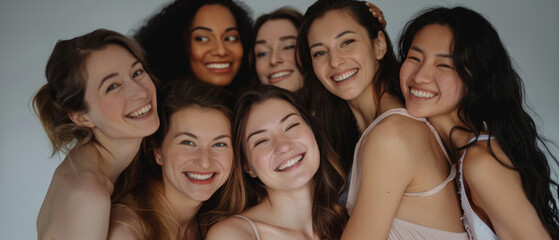 Fototapeta premium Seven women in light dresses smiling brightly, embracing each other, exuding joy and friendship against a neutral background.