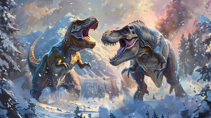 Obraz premium Battle of dinosaurs, wallpaper, The fantasy of protection and usurpation in ancient era