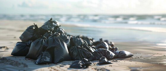 A collection of trash bags lie scattered across the beach, drawing attention to the urgent need for environmental action.