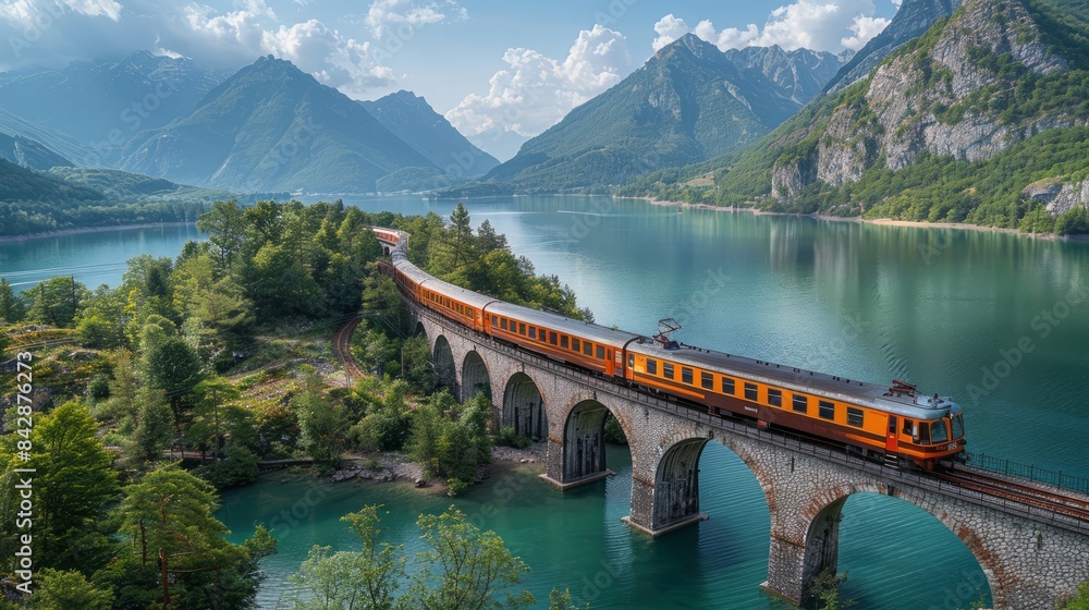 Wall mural Train crossing a picturesque bridge over a serene river, a scenic highlight of rail travel.