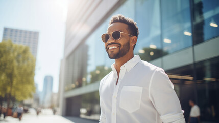 Fototapeta premium Confident happy smiling black entrepreneur standing in the city, wearing glasses and looking away