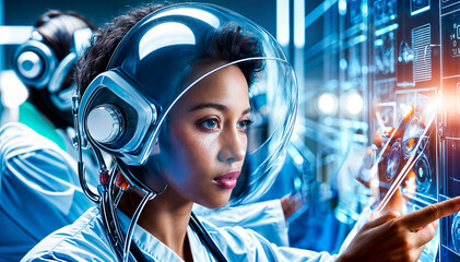A young Asian woman wearing a futuristic astronaut helmet with a reflective visor, looking thoughtful against a blurred, high-tech background