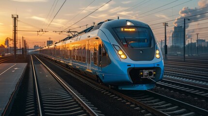 Naklejka premium Modern commuter train with electric propulsion, showcasing sustainable transportation.