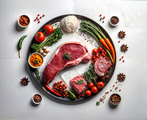 A plate with various raw meat cuts including (steak, pork, and sausages, surrounded by fresh vegetables such as tomatoes, green onions, and chili peppers, along with spices)