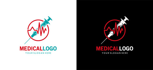 Injection medical logo design with heart rate vector icon symbol