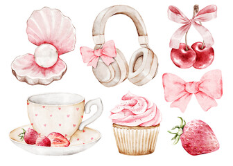 A set of watercolor elements in coquette style. Cherry, bow, headphones, seashell, cake, tea couple, strawberry. Clipart. For collage, scrapbooking