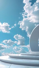 Contemporary architecture, modern art exhibition, 3D render, abstract futuristic background, blue sky, white round stage.