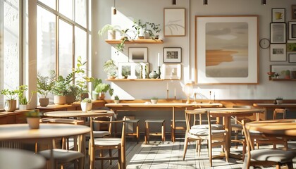 Fototapeta premium Wooden tables and chairs in bright and airy coffee shop, art print shelves, sunlight through large windows.
