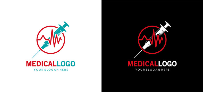 Injection medical logo design with heart rate vector icon symbol