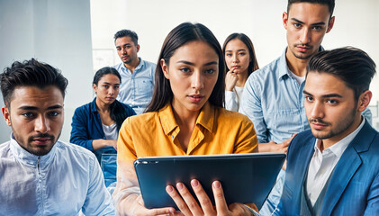 A young adult Caucasian woman with long dark hair wearing a yellow shirt, holding a tablet computer, surrounded by a diverse group of young adults in a classroom setting