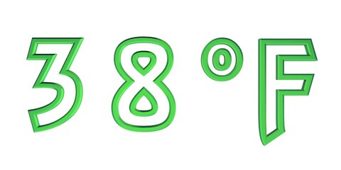 Blue number thirty eight with a Fahrenheit sign on a white background isolate. Temperature, weather, thermometer.
