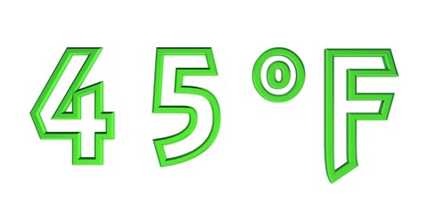 Green number forty five with a Fahrenheit sign on a white background isolate. Temperature, weather, thermometer.