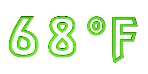 Green number sixty eight with a Fahrenheit sign on a white background isolate. Temperature, weather, thermometer.