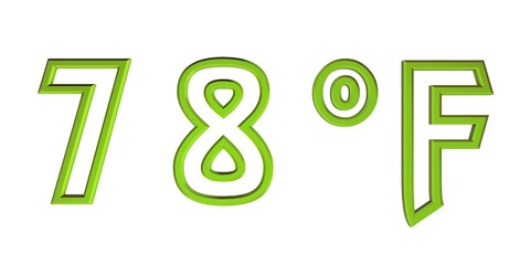 Green number seventy seven with a Fahrenheit sign on a white background isolate. Temperature, weather, thermometer.