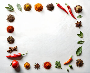 Various spices and herbs arranged in a frame on a white background, including chili peppers, cinnamon sticks, star anise, bay leaves, and other whole spices