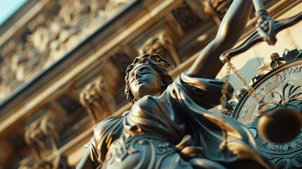 Statue of Lady Justice holding scales and a sword, in front of a courthouse with the emblem of law, representing mythology and the justice system