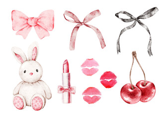 A set of watercolor elements in coquette style. Cherry, toy hare, lips, lipstick, bows. Clipart. For collage, scrapbooking