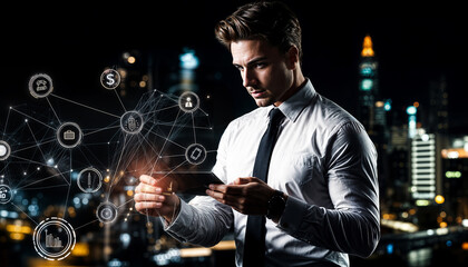 A young Caucasian man in a suit and tie using a smartphone, with a futuristic digital interface projected in front of him, suggesting a technology theme