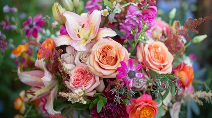 Floral bouquet with a mix of roses, lilies, and wildflowers, rich and colorful
