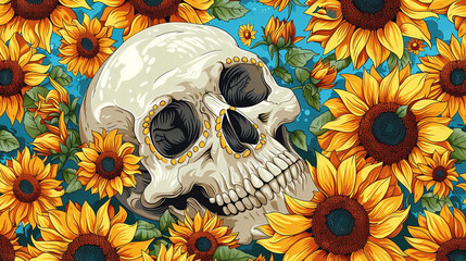 skull and sunflowers Halloween concept psychedelics style