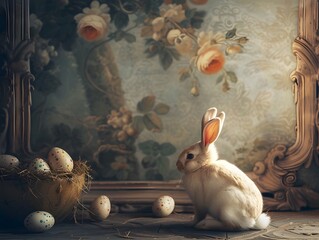 A small white rabbit sitting in front of a plate with decorated eggs on the background of a decorated panel