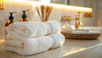 Bathroom counter with towels and liquid soap, closeup, space for text, boho style, minimalist design.