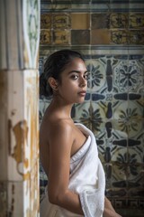Fototapeta premium Seductive Colombian Model at Traditional Bathhouse: Cultural Beauty in Towel - Copy Space for Travel Ads