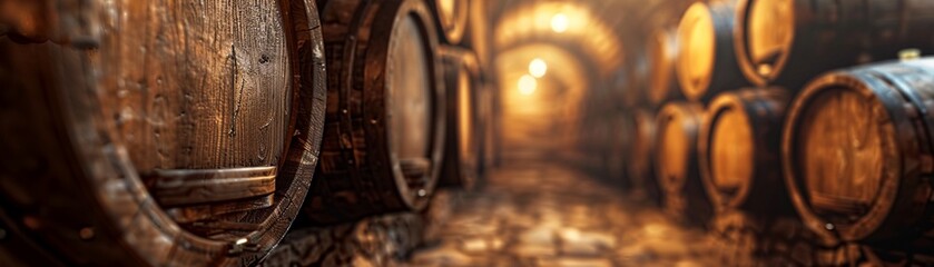 Vintage wooden barrels in an underground wine cellar, with a mysterious and earthy ambiance, Realism, Photography, Low Light, Detailed Texture 8K , high-resolution, ultra HD,up32K HD