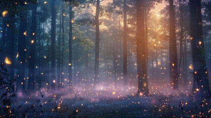 Obraz premium Childrens book depiction of a mysterious forest at twilight, whimsical fireflies and soft, mystical fog