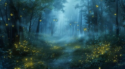 Childrens book depiction of a mysterious forest at twilight, whimsical fireflies and soft, mystical fog