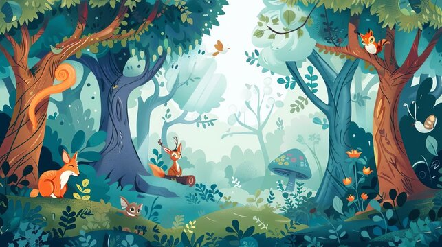 Illustration of a magical forest with cartoon animals and twisted trees, styled for a childrens book