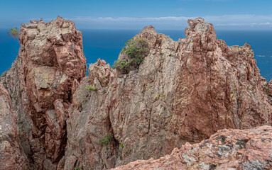 Massif de l'Esterel, a volcanic mountain range on the Mediterranean Sea coast on the French Riviera, located near Cannes on the east and Saint-Rafael on the west, France