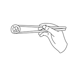 Vector isolated hand with sushi in sticks logo colorless black and white contour line easy drawing