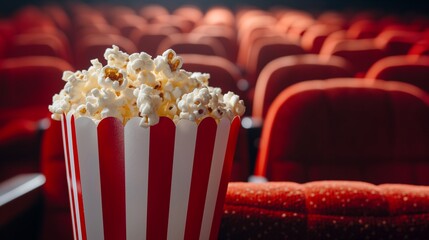 Popcorn box with red cinema seats in the background