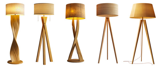 set of modern wood floor lamps for apartment isolated on transparent or white background