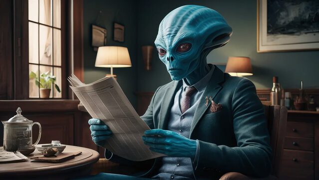 a funny alien reading the newspaper