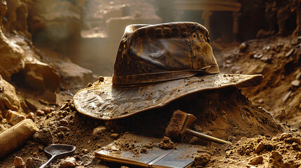 grunge wide-brimmed hat atop a dusty archaeological dig site, archeology, exploration and discovery