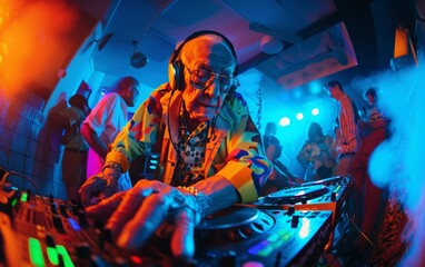 Old DJ mixing tracks at a nightclub party